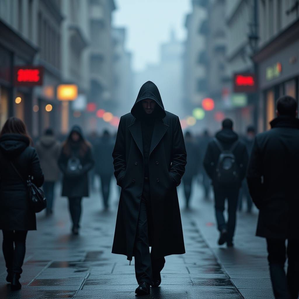 Melancholic Lone Figure in Crowded City