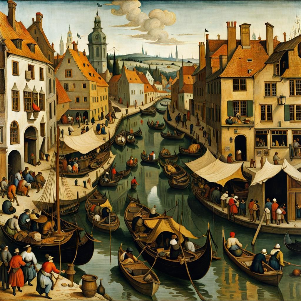 Detailed Canal Boats Illustration in Bruegel Style