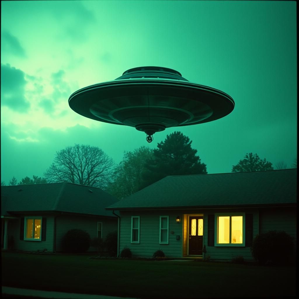 UFO Horror: Green Spaceship over Suburbia