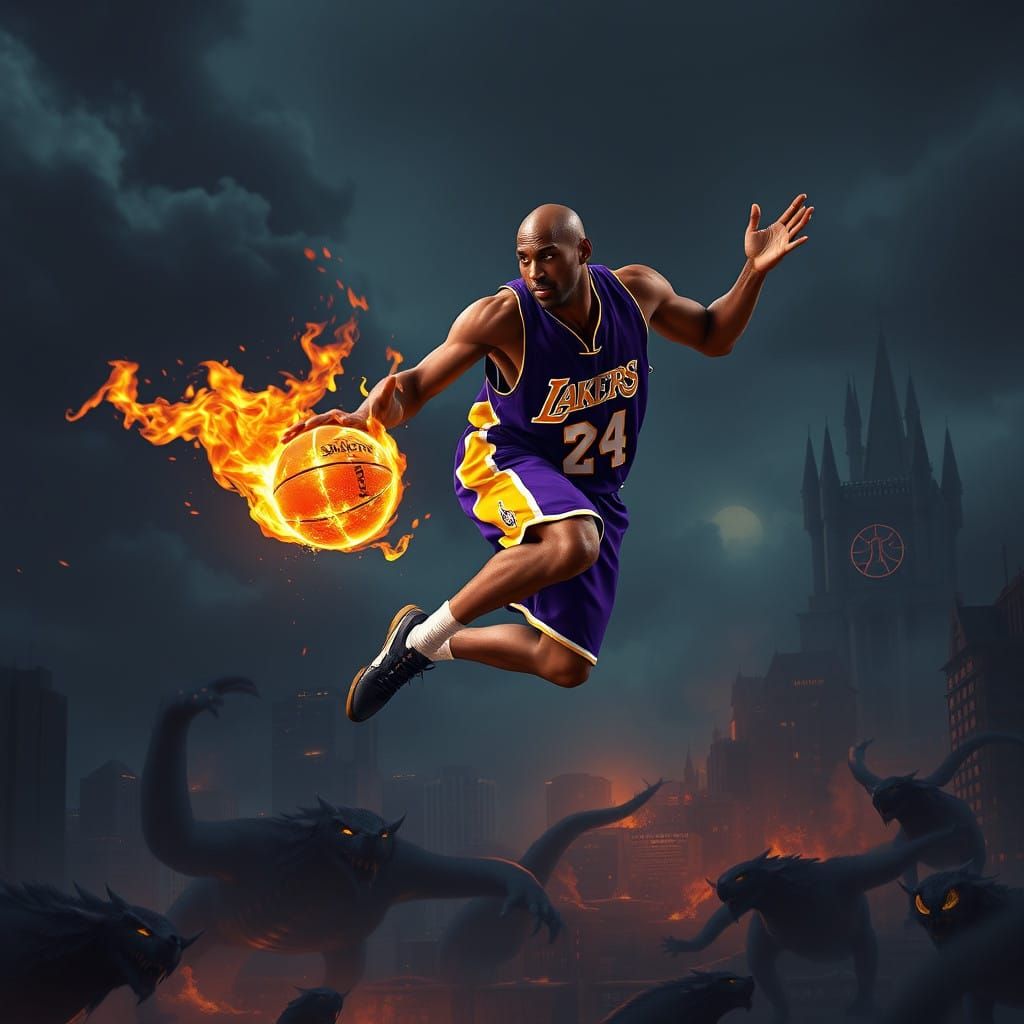 Surreal Lakers Basketball Scene in Dark Fantasy Style