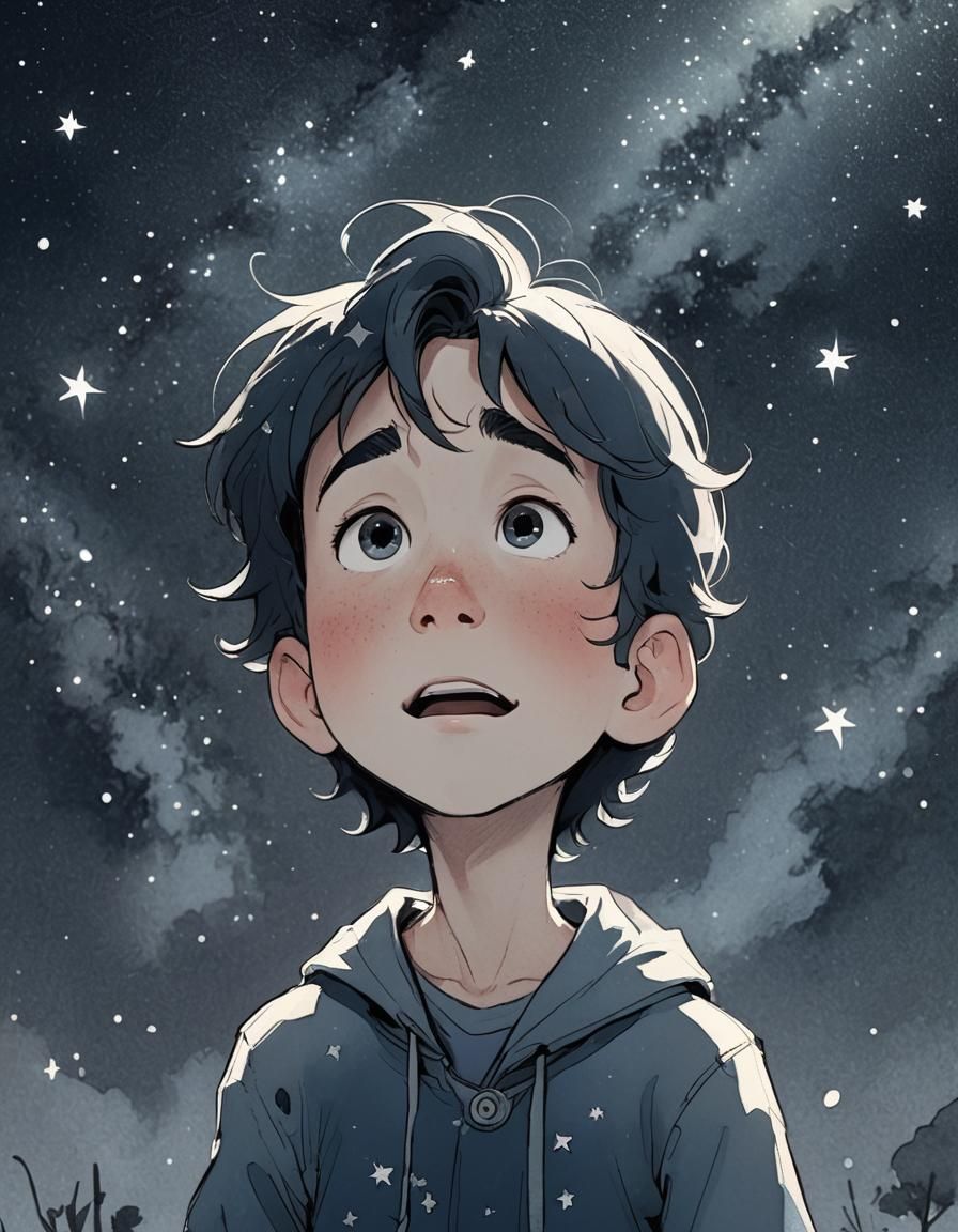 Crying Boy Under Starry Sky in Cel-Shaded Style