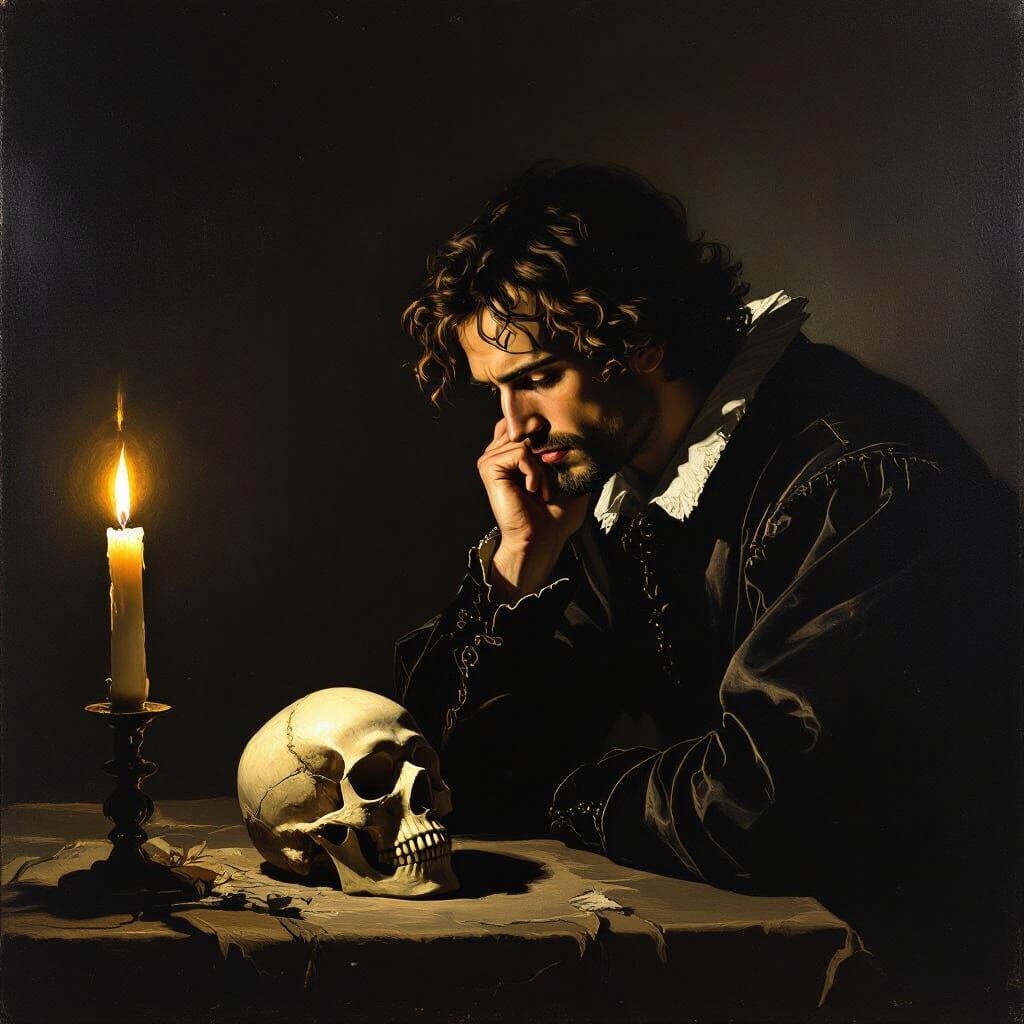 Hamlet Contemplates Skull in Dramatic Chiaroscuro Style
