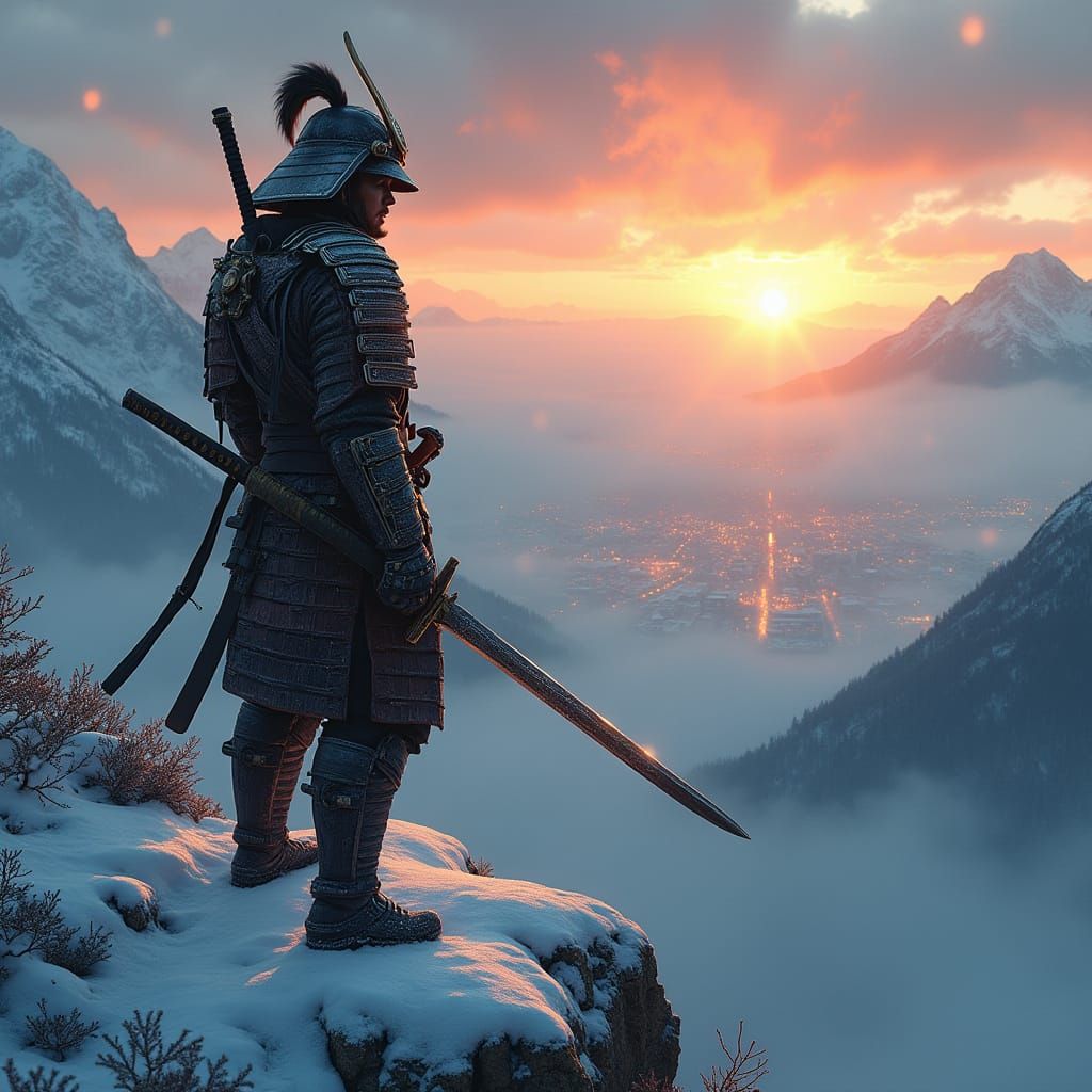 Cyberpunk Samurai at Dawn Overlooking Neon City
