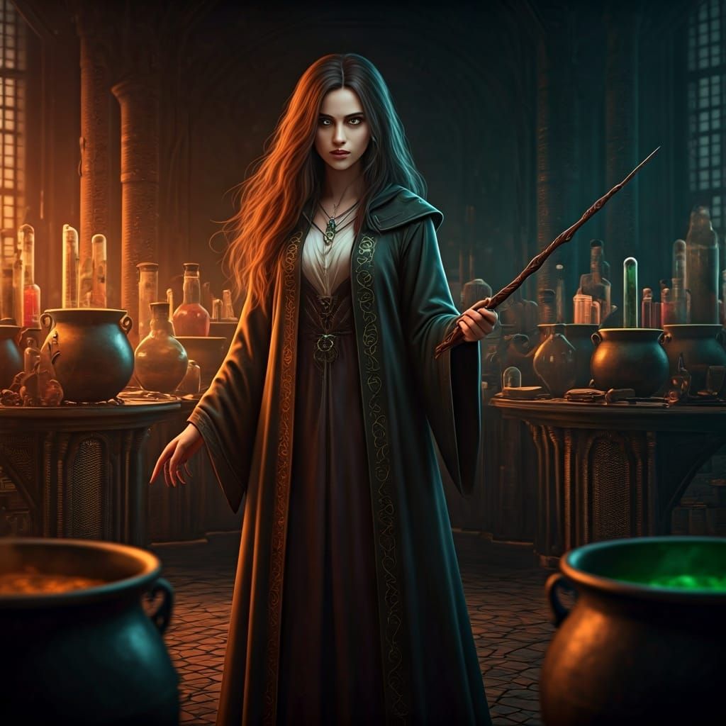 Young Witch in Dimly Lit Potions Lab
