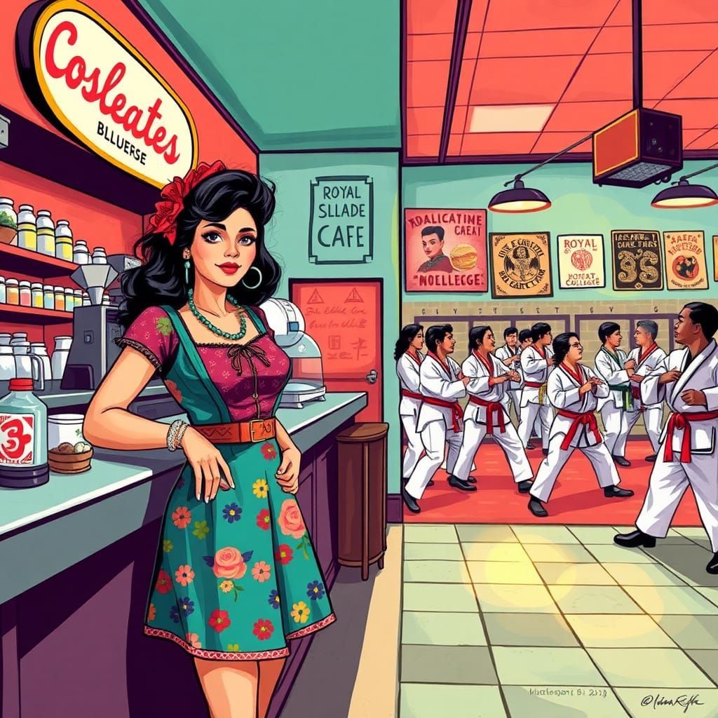 Selena Quintanilla 1958 as a college cafe owner in Royal Slade Cafe with a martial arts gym an dojo with students nearby