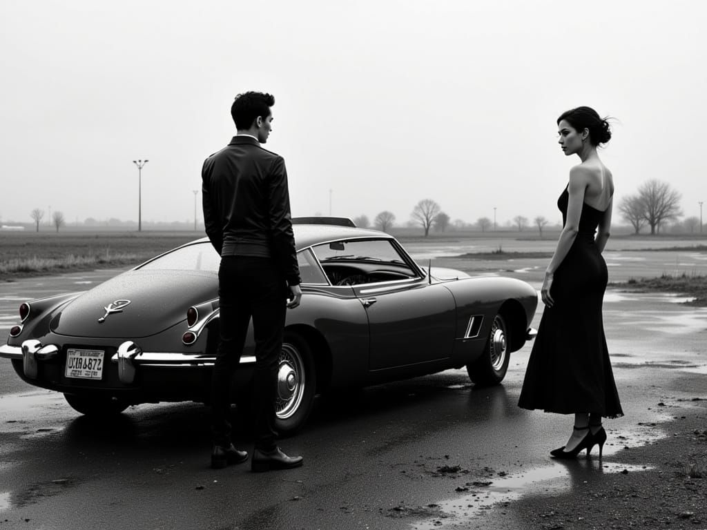 Monochrome Couple in Noir Style by Vintage Car