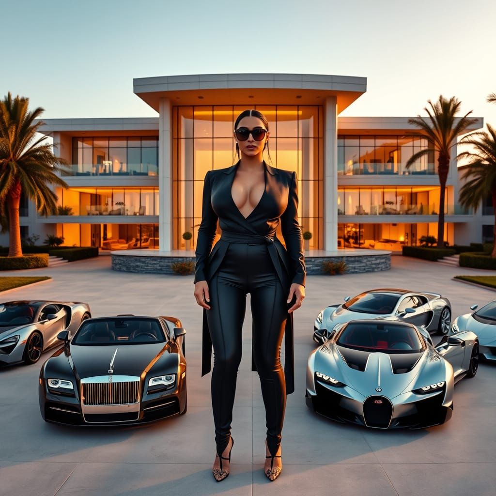 Luxury Lifestyle Icon Stands in Front of Ultra-Modern Mansio...