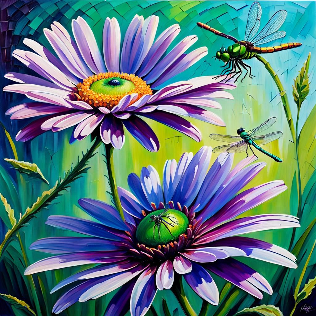 Purple Daisy and Dragonfly in Expressionist Oil Painting