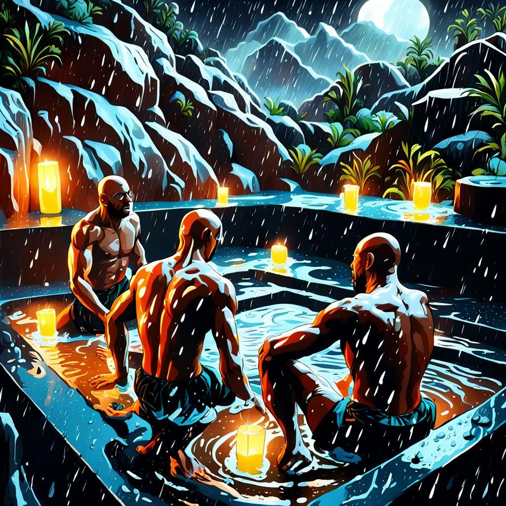 Bald Men Relaxing in Jacuzzi: Detailed Matte Painting