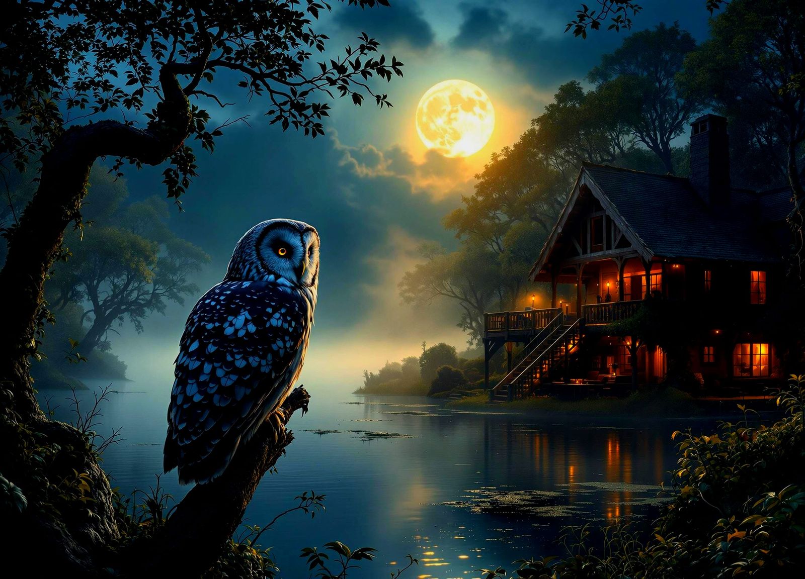 Mystical Swamp Panorama Under Full Moon