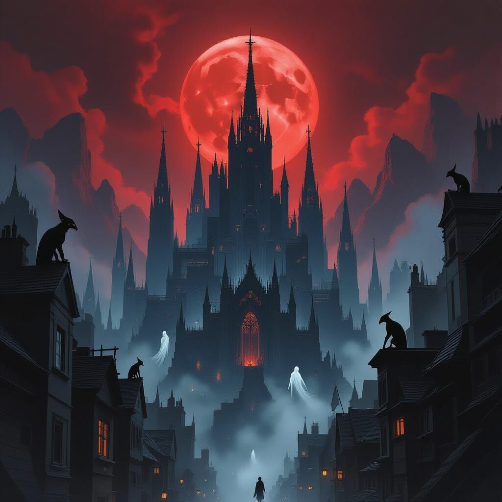 Dark Fantasy Cityscape Under Blood Moon