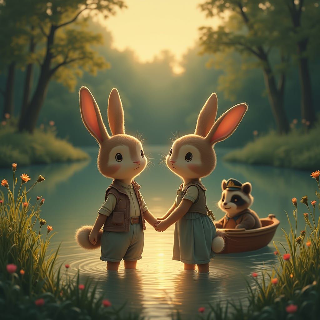 Whimsical Rabbits Share a Romantic Moment by Serene Pond