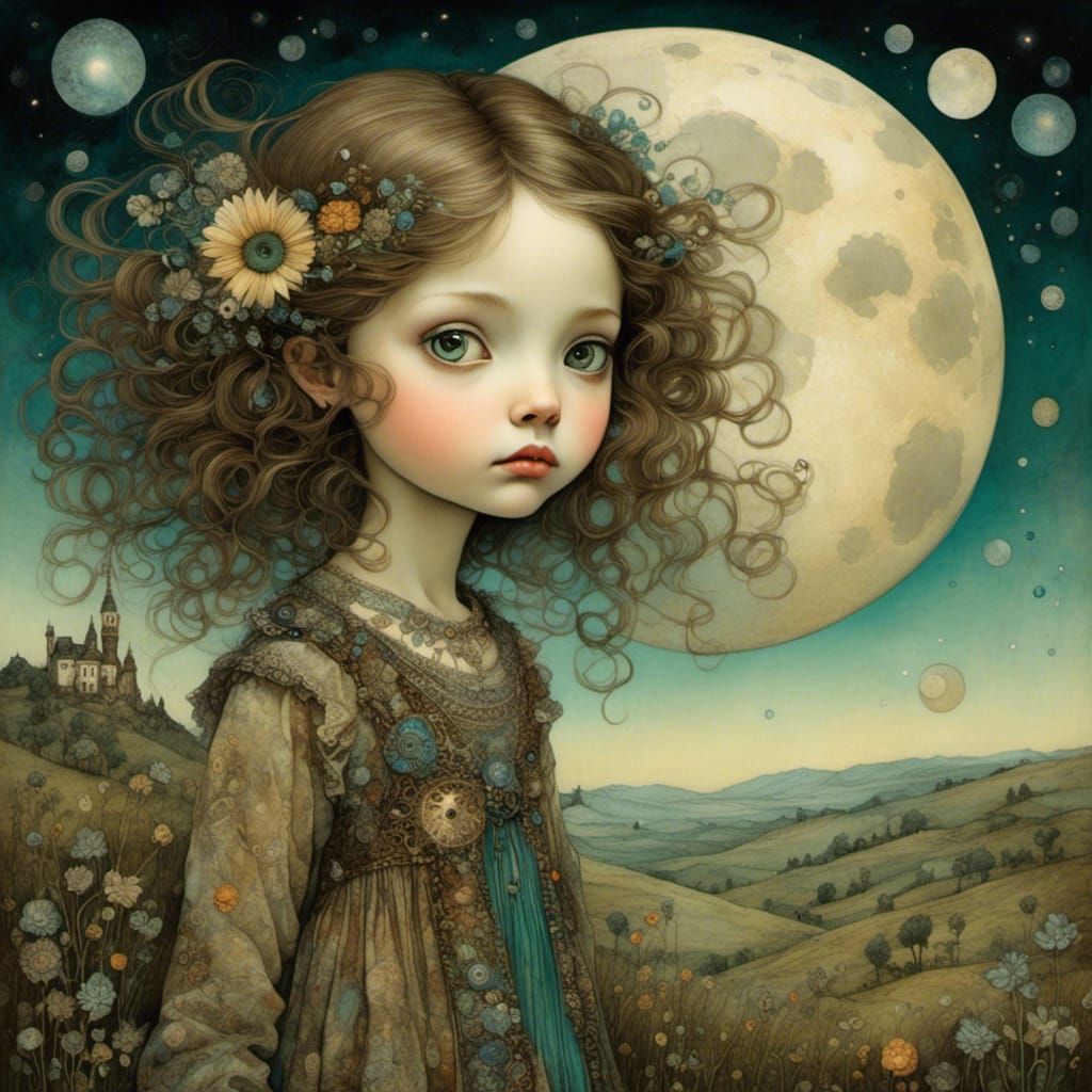 Cute Girl Gazing at Moon in Art Brut Style