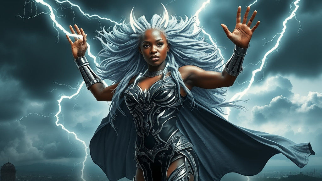African Weather Goddess in Stormy Cyberpunk Sky