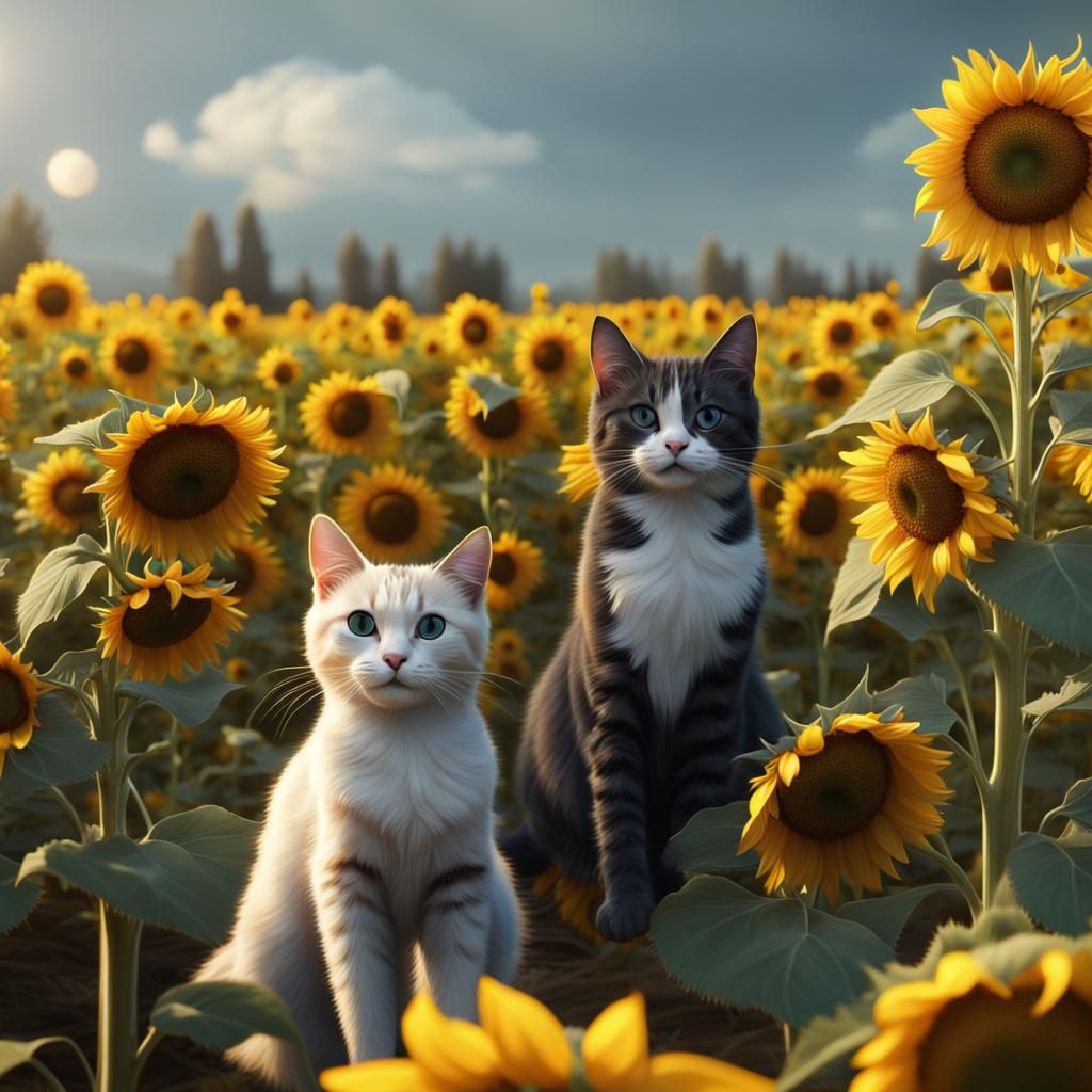Cats Playing in Sunflower Field: Fantasy Concept Art