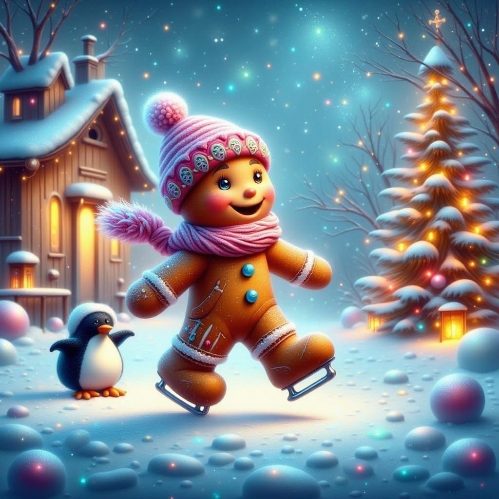 Gingerbread Man Ice Skates with Penguin Friend on Snowy Day