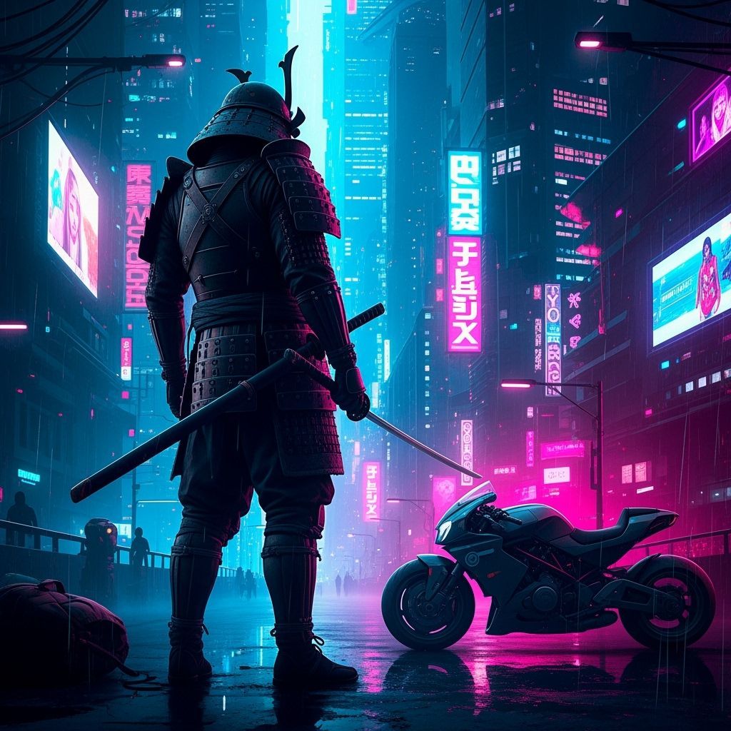 Samurai Silhouette in Neon Cyberpunk Cityscape
