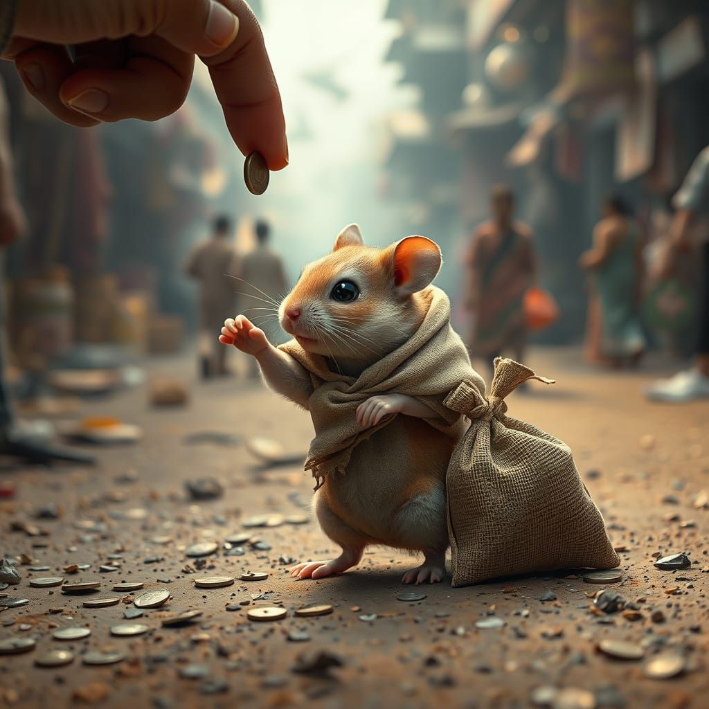 Hamster Offers Coin in Bustling Marketplace Scene