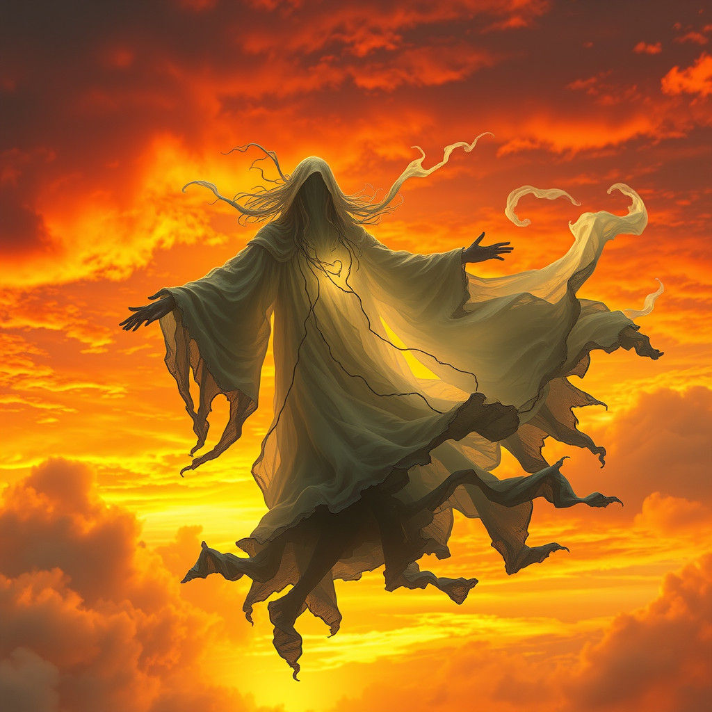 Ghostly Figure Soaring Through Sunset: Fantasy Concept Art