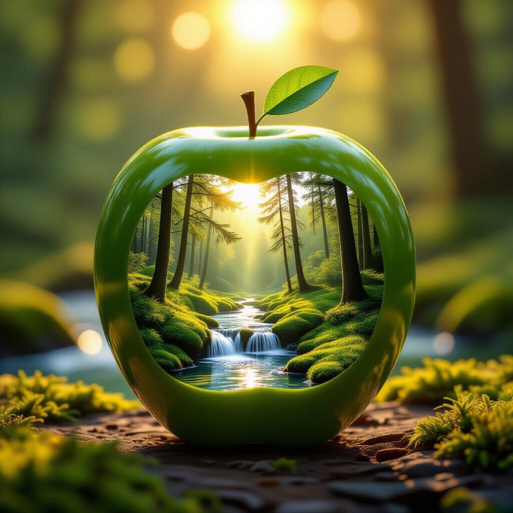 Magical Forest Inside Translucent Apple, Photorealistic Styl...
