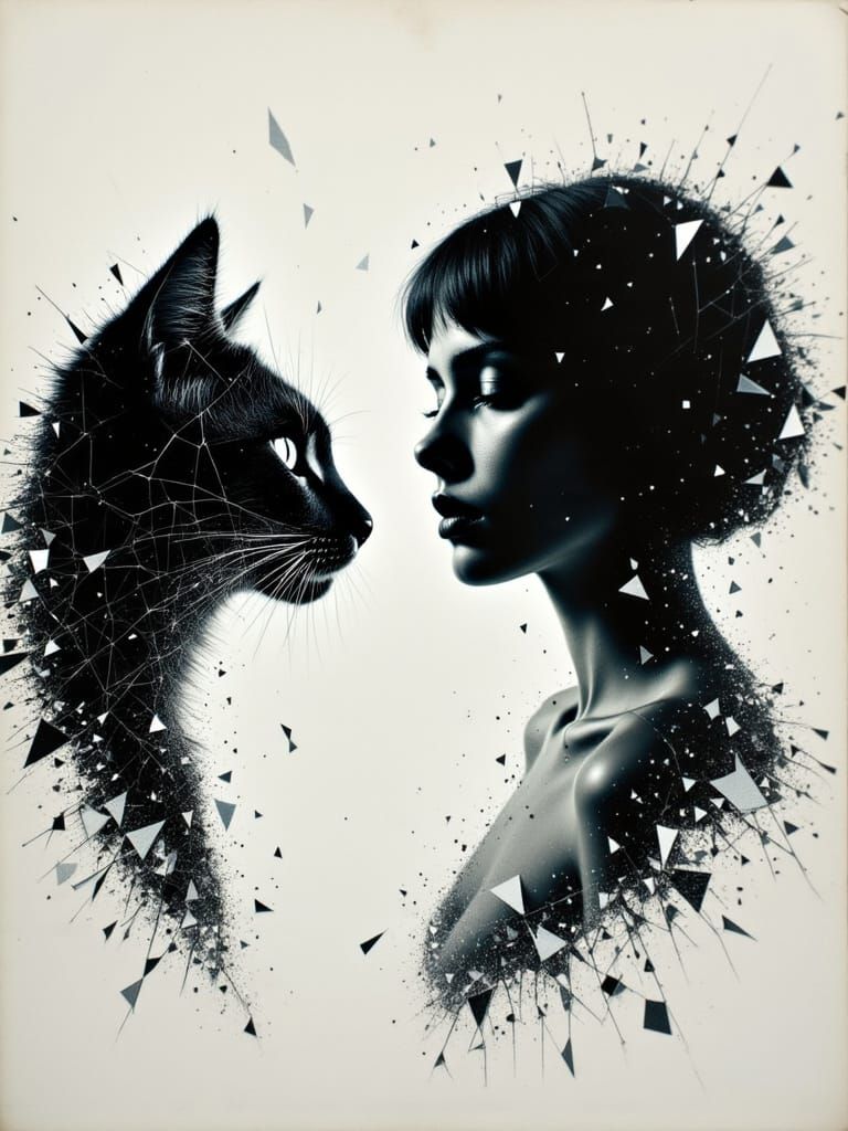 Intricate Double Exposure of a Shattered Cat and a Beautiful...
