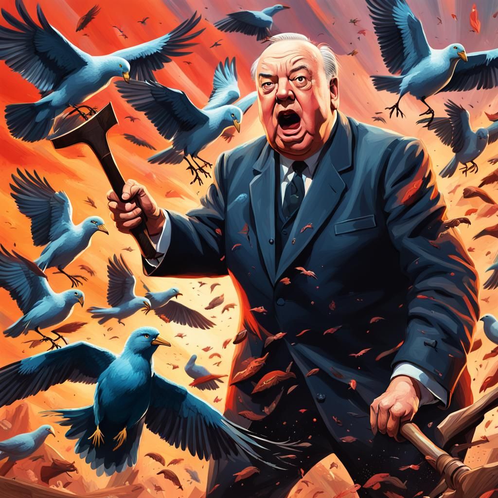 Alfred Hitchcock Attacks Birds in Hyperrealistic Splash Art