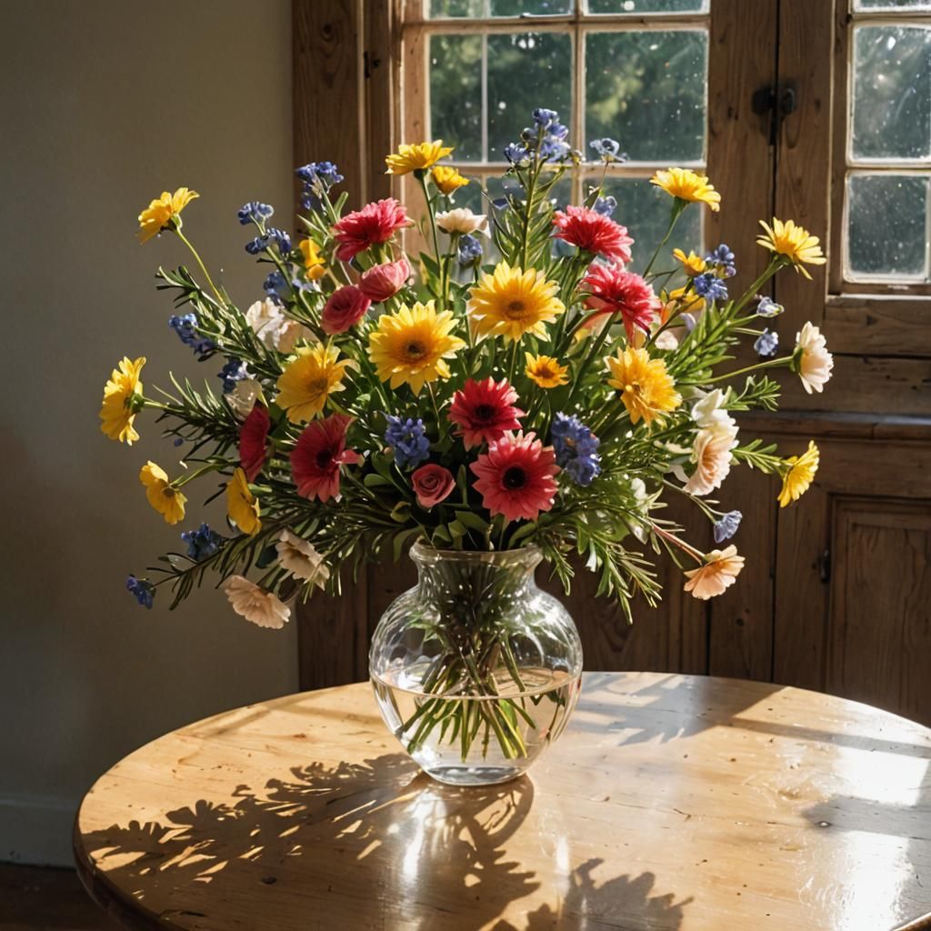 Sunlit Flowers in Glass Vase on Pine Table