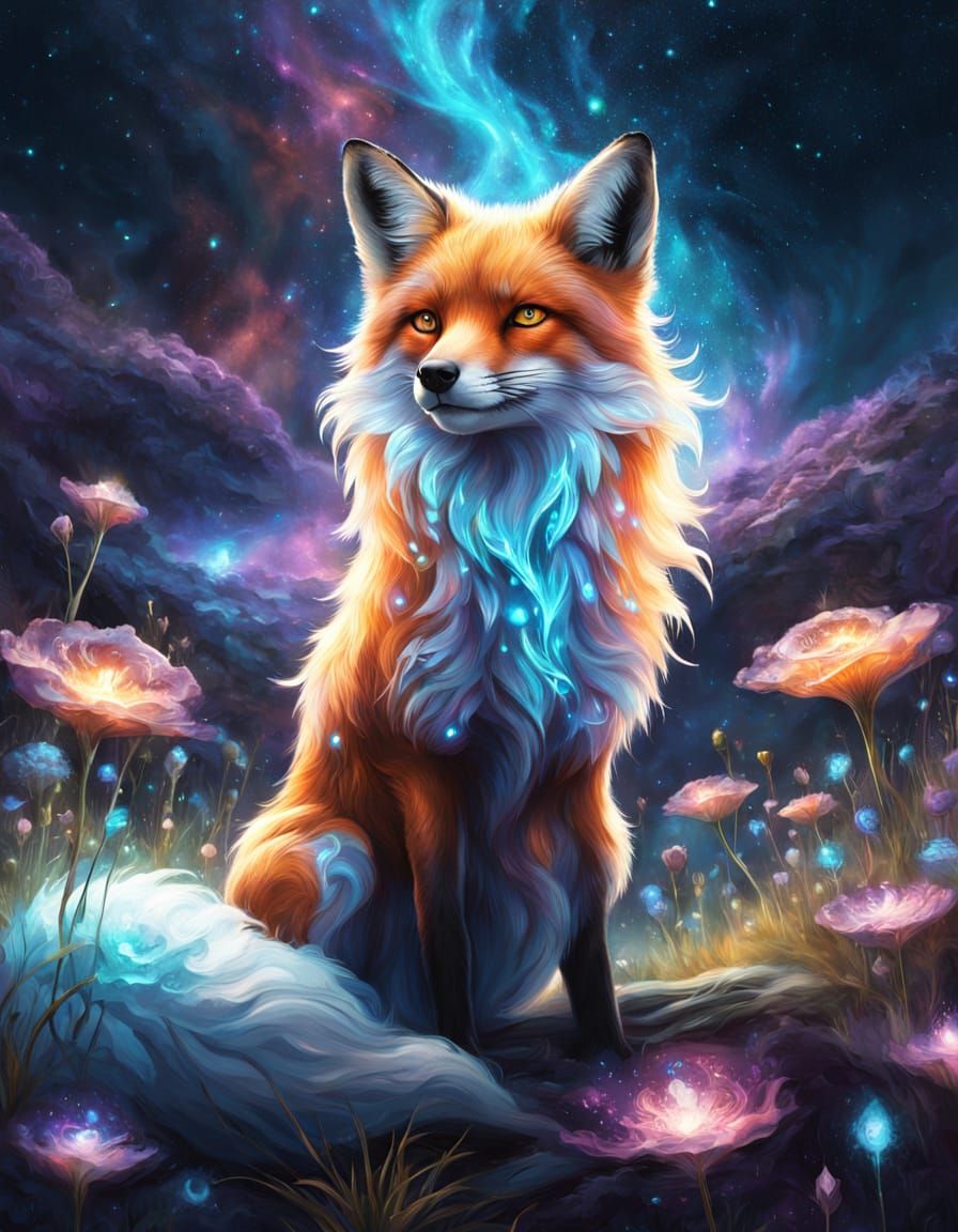 Bioluminescent Fox in Cosmic Flora Field