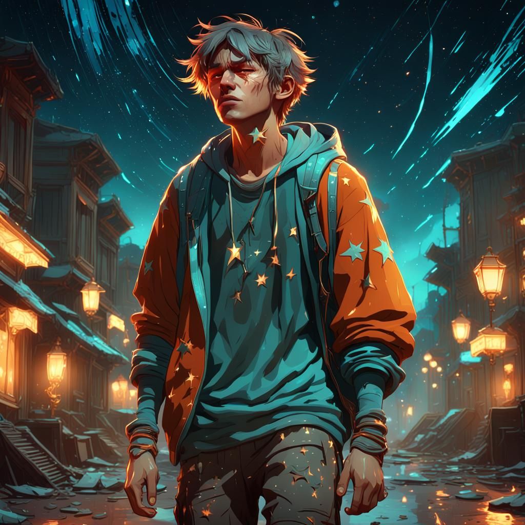 Teen Boy Crying Under Shooting Stars, Hyperdetailed Art
