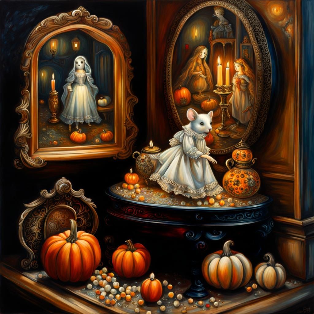Spooky Ghost in Halloween Dollhouse, Oil Painting