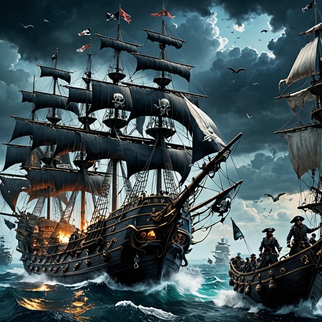 Pirate Ship Amidst Cannon Fire in Digital Concept Art