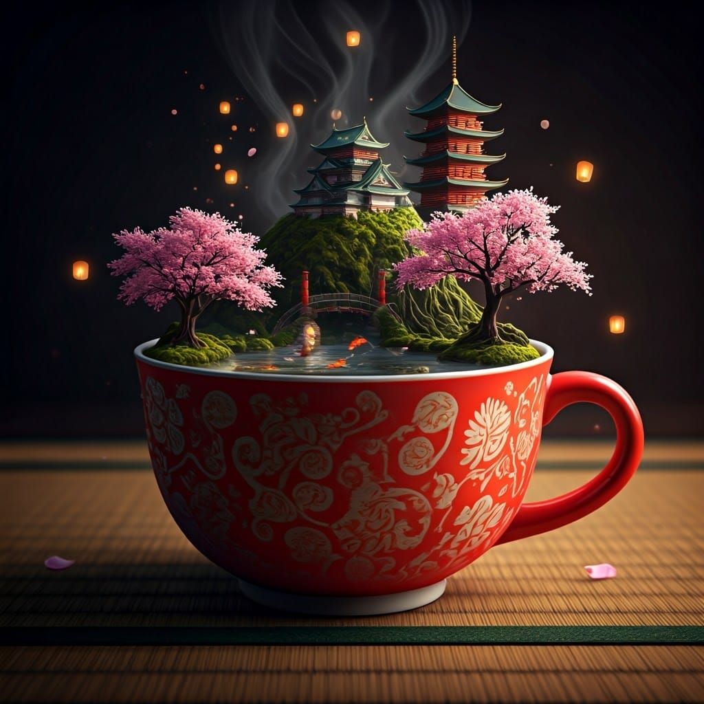 Feudal Japan Landscape Inside Steaming Teacup