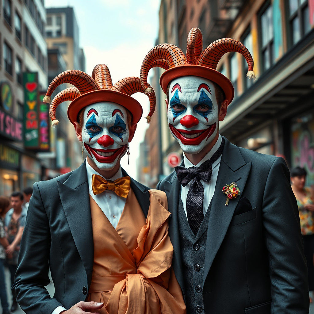 Clown-Faced Couple in Cityscape, Surreal Photorealistic Art