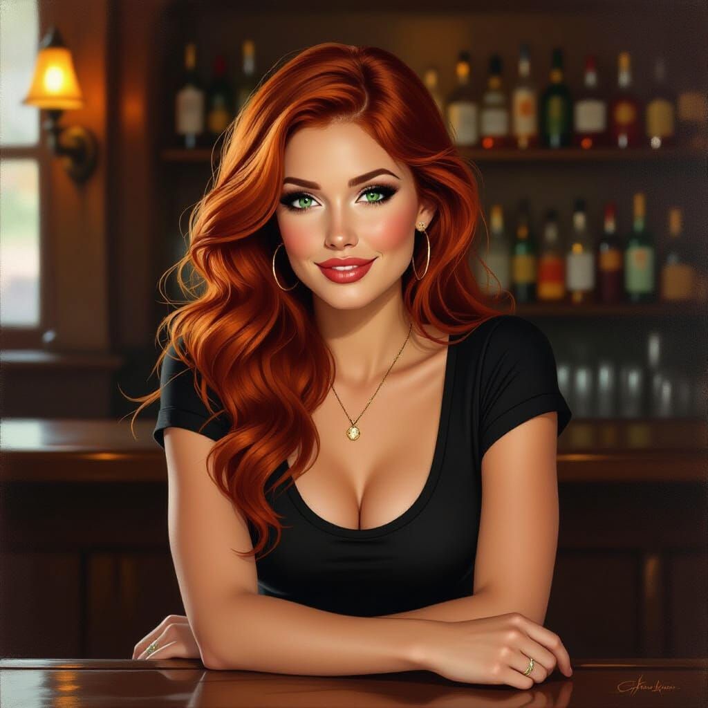 Oil Painting of Woman with Auburn Hair Flirting at Bar
