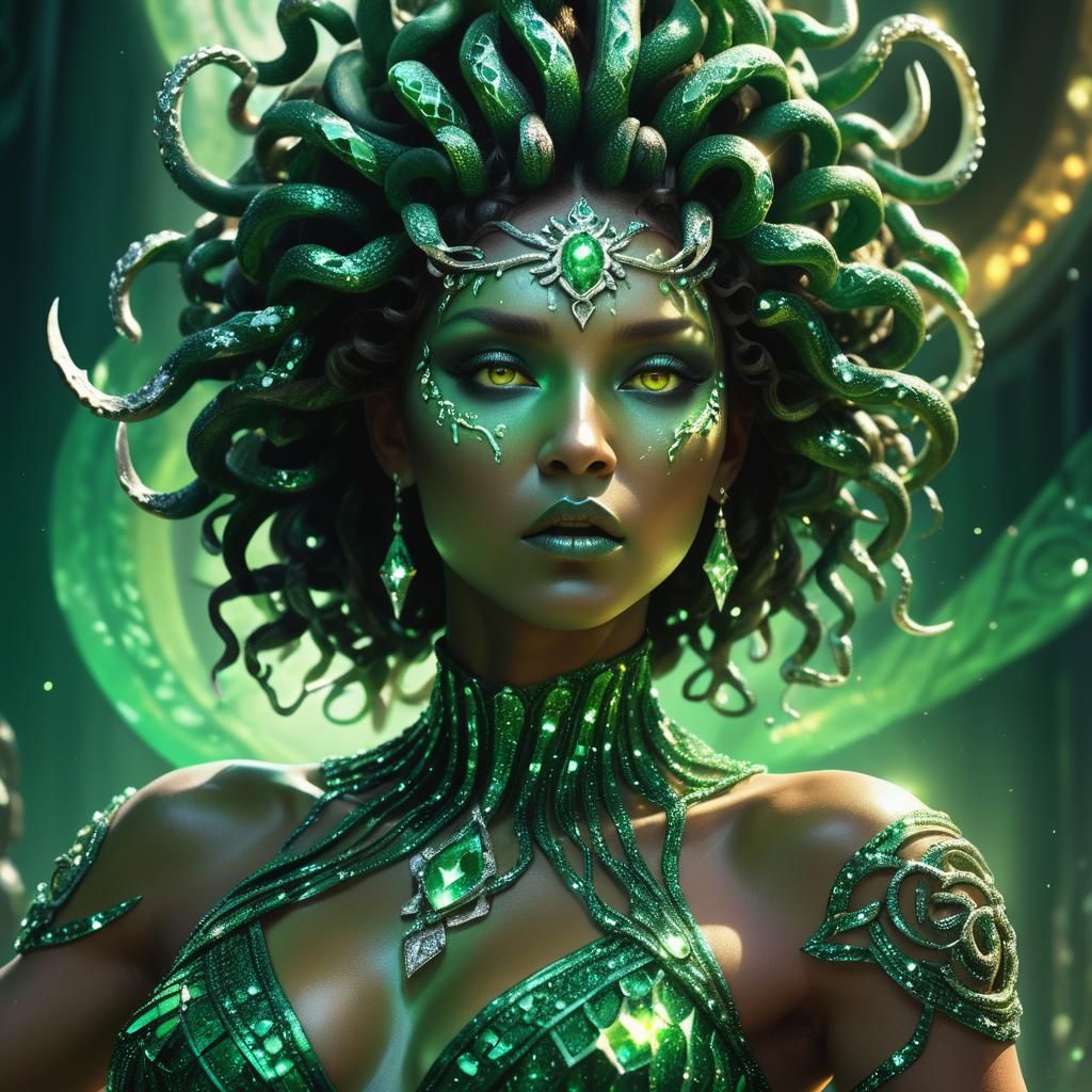 Fierce Medusa in Crystal Dress: Fantasy Art