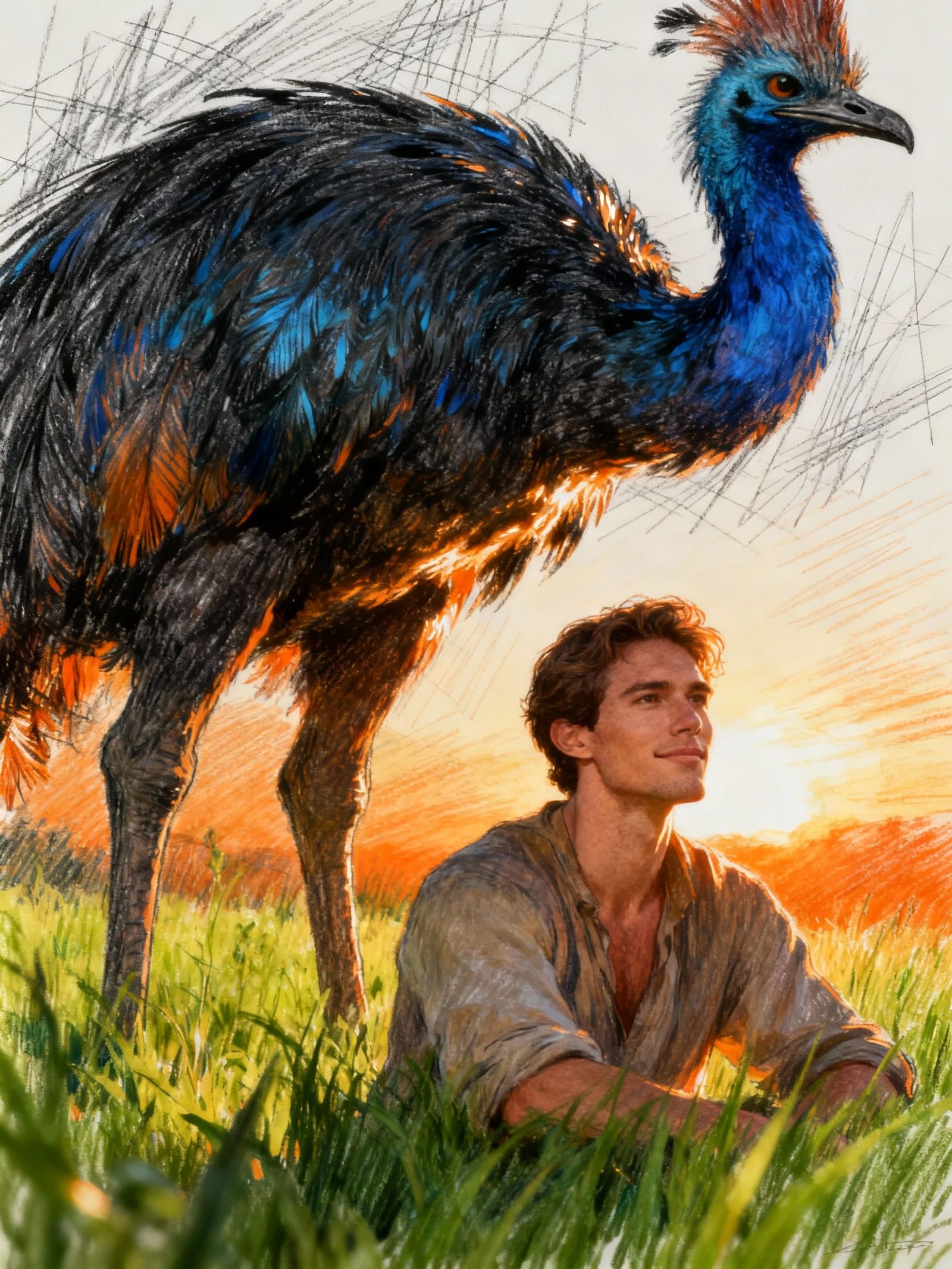 Man Bathes With Giant Hei Hei in Golden Hour Meadow