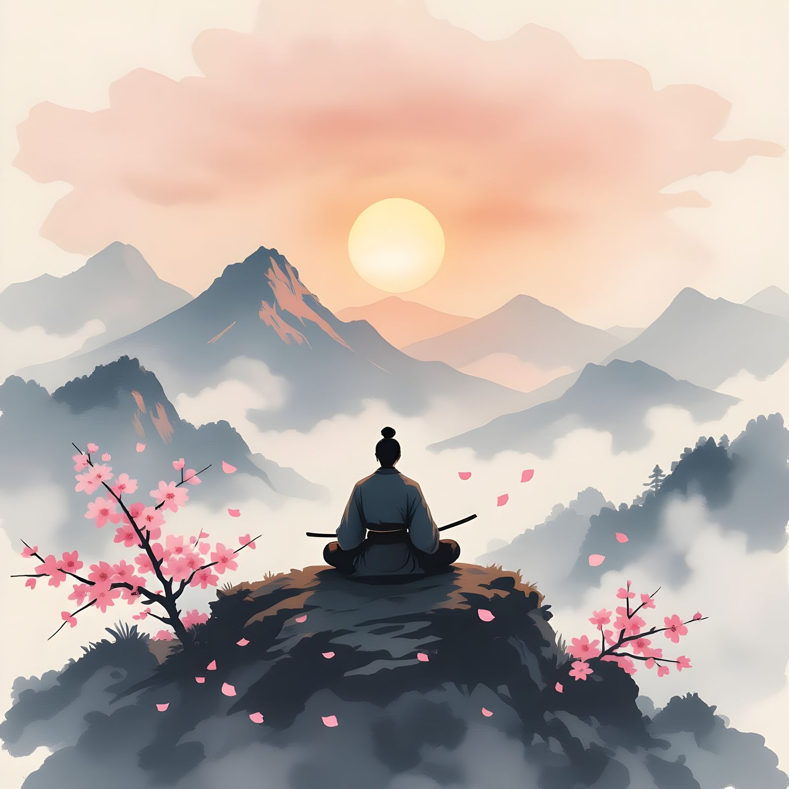 Samurai Meditating on Misty Mountain at Dawn in Sumi-e Style