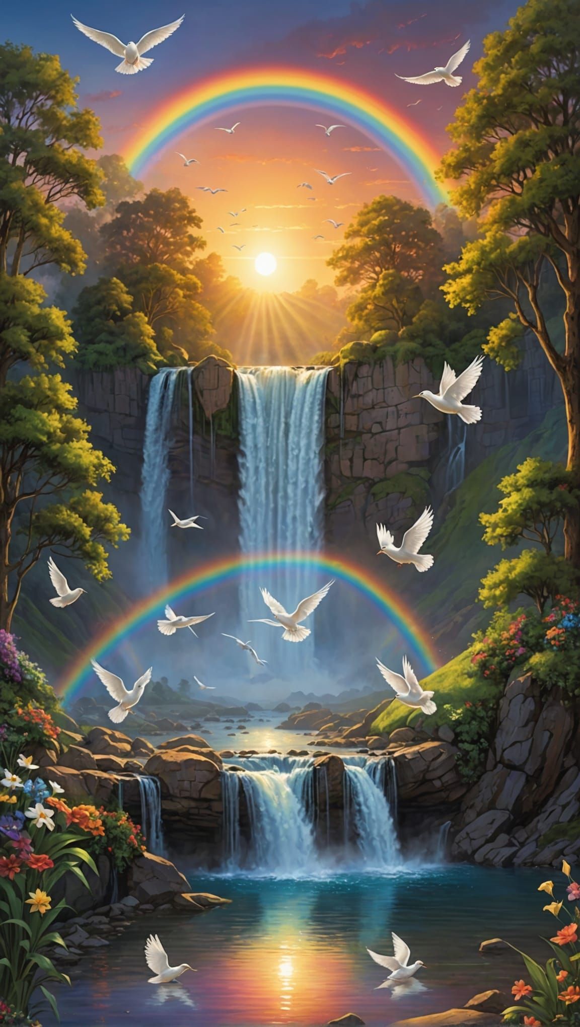 Sunrise Waterfall with Rainbows and Doves