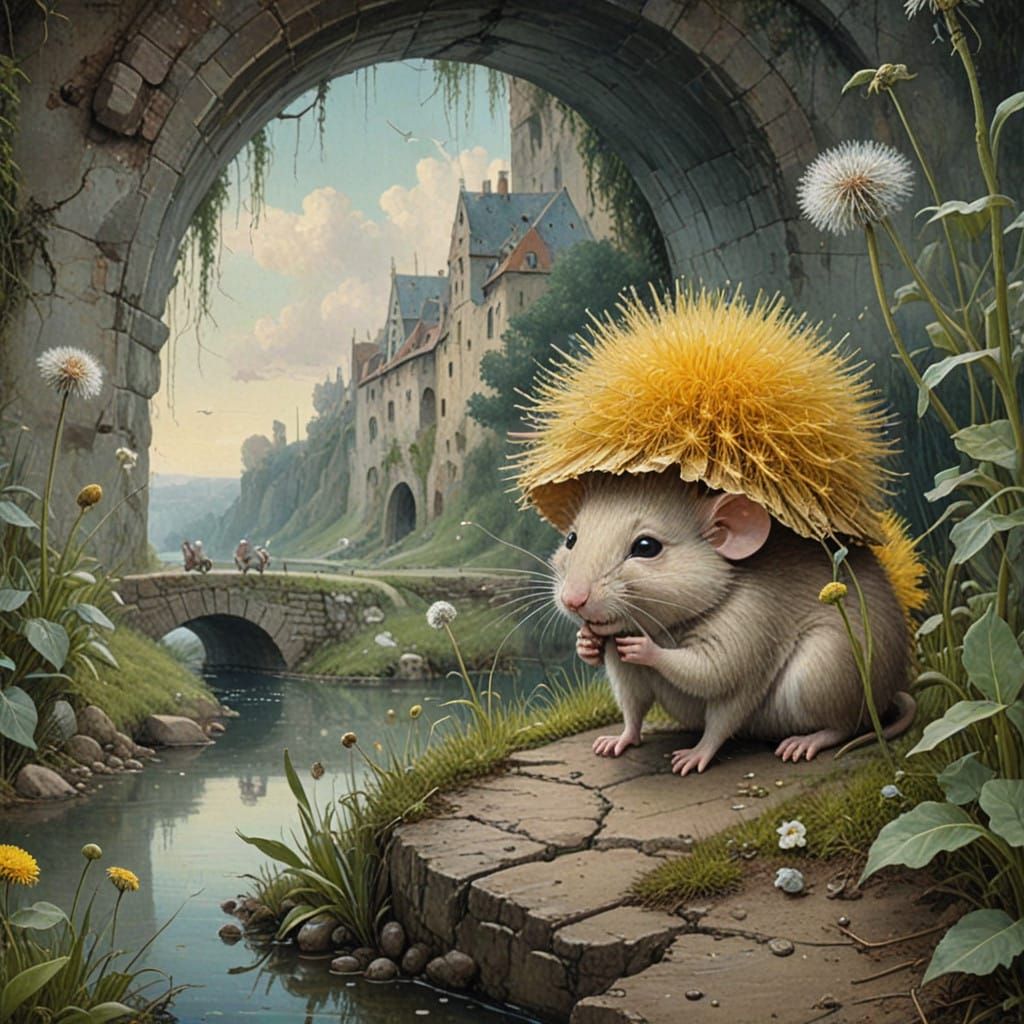 Whimsical Troll Wields Dandelion Wand Under Ancient Bridge