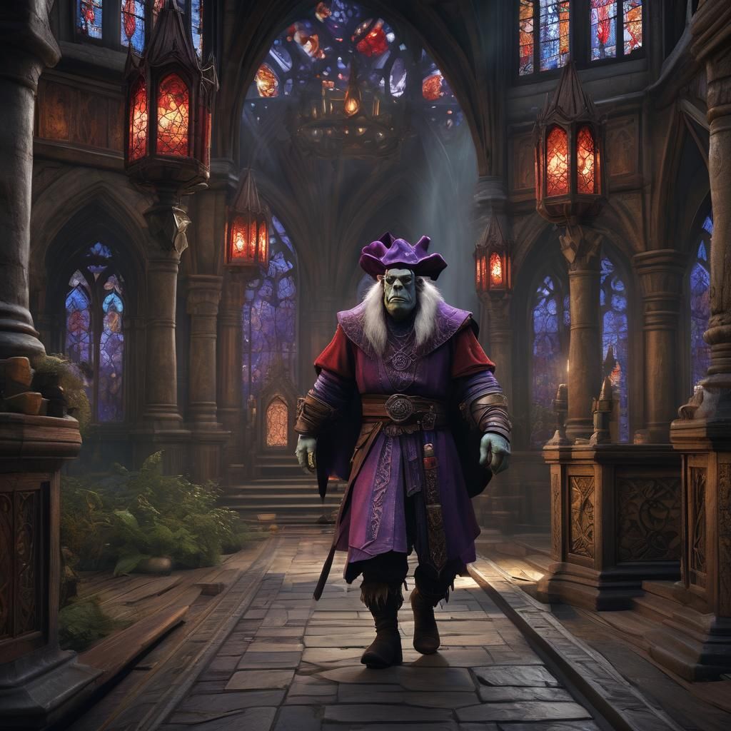 Ogre Mage in a Stained Glass Hallway
