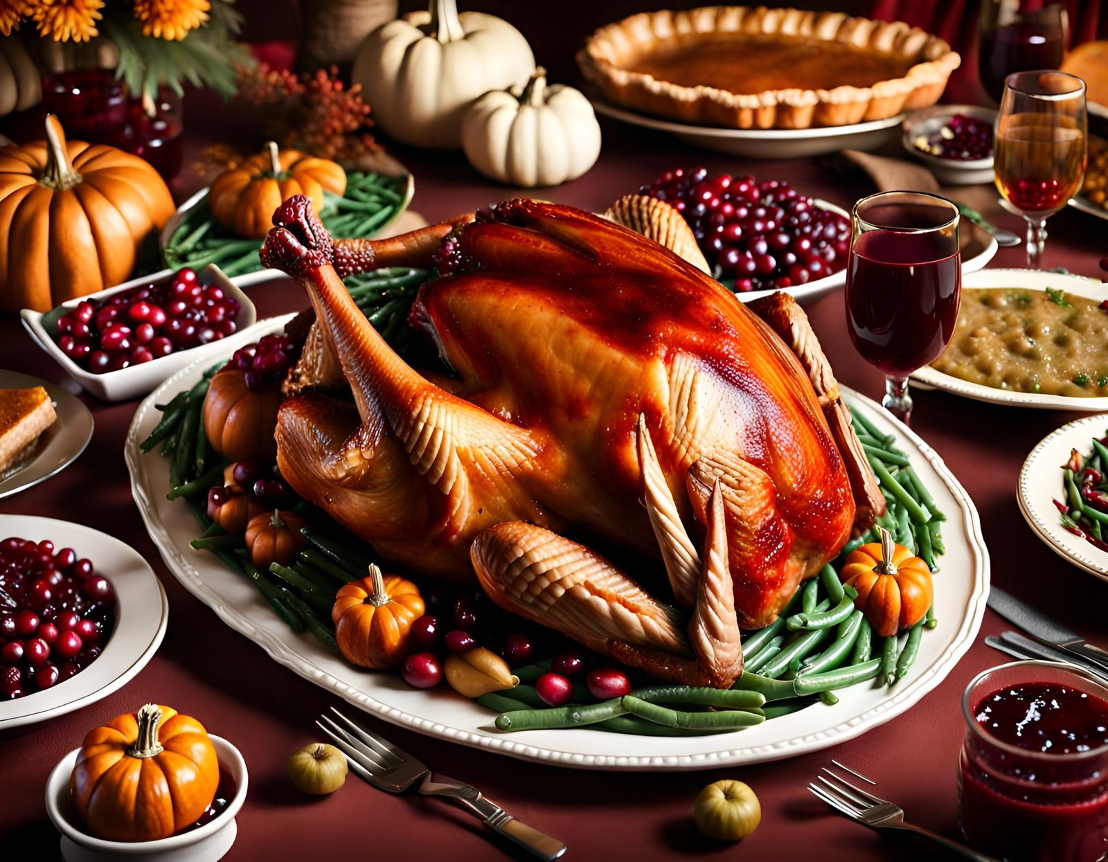 Delicious Thanksgiving Table with Turkey and Sides