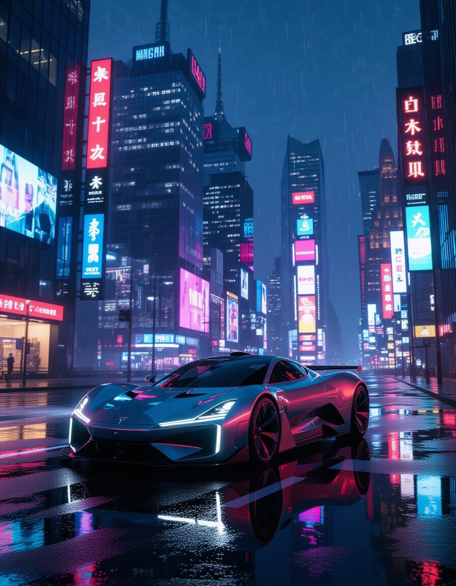 Chrome Hypercar in Neon Metropolis at Midnight