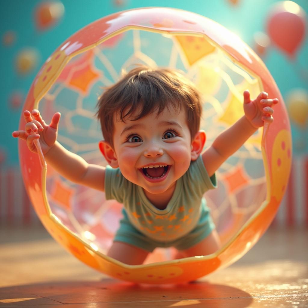 Boy's Joyful Play in Inflatable Ball: Cartoonish Futurism