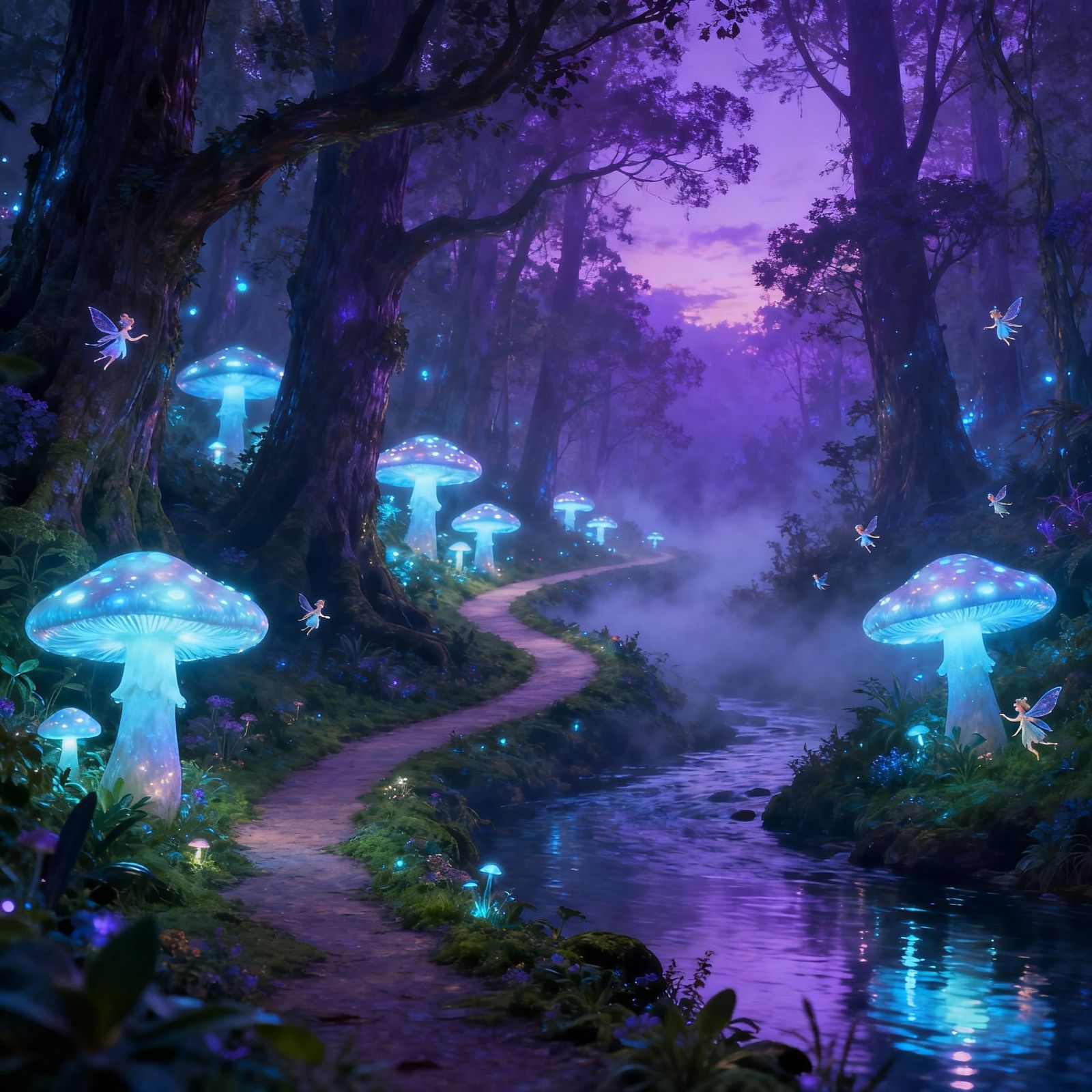 Bioluminescent Forest Path with Glowing Mushrooms and Sprite...