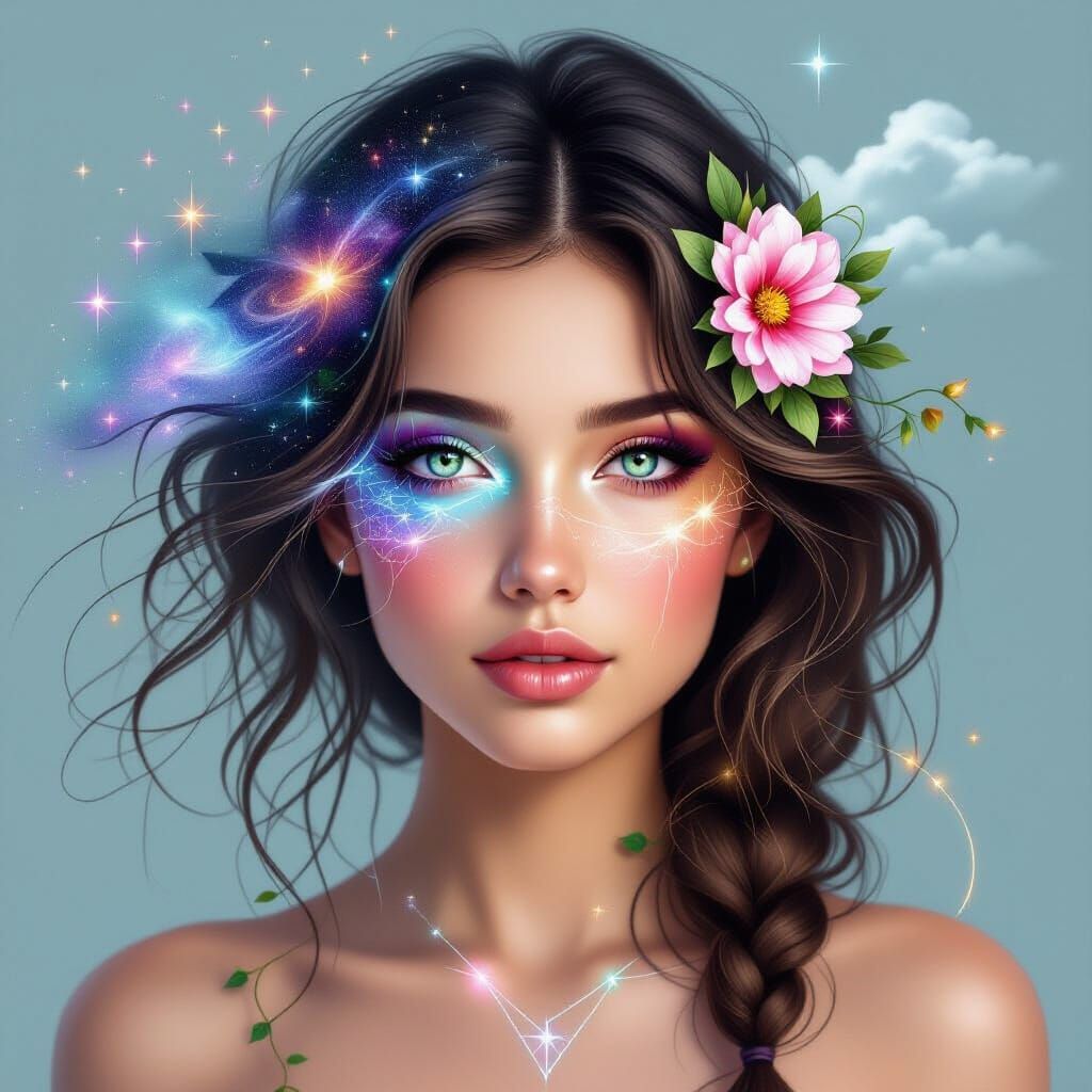 Surreal Woman Portrait with Galaxy Hair, a Digital Painting