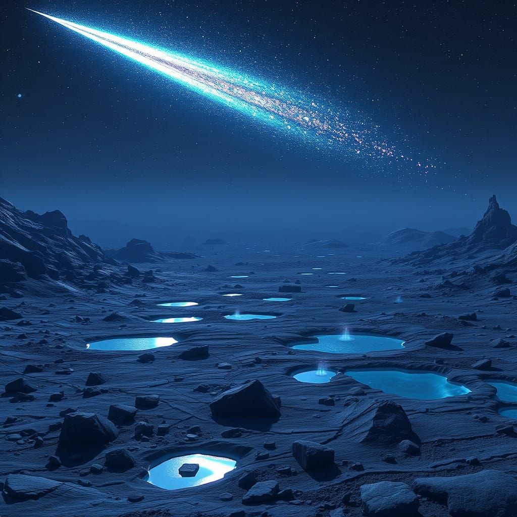 Celestial Oasis in a Deserted World, under a Vibrant Comet's...