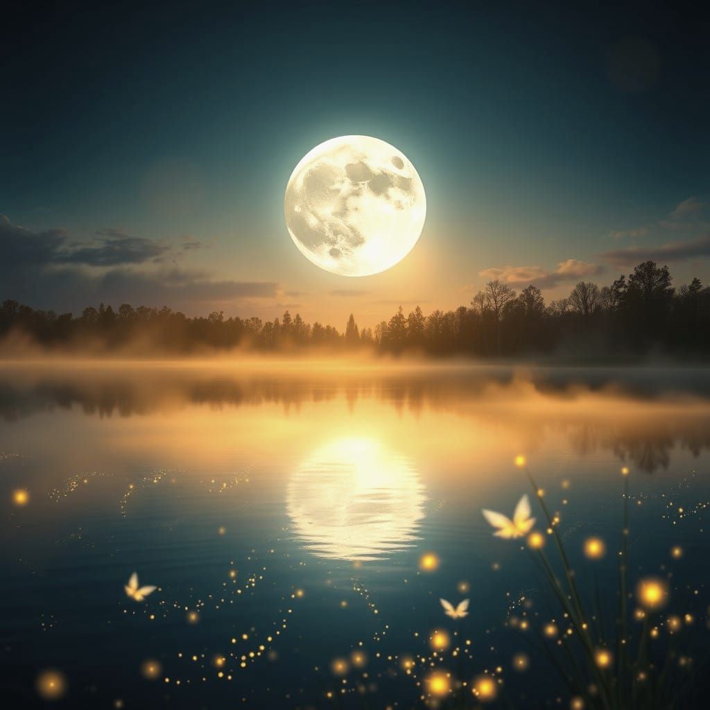 Serene Fairy Scene Under a Vibrant Full Moon