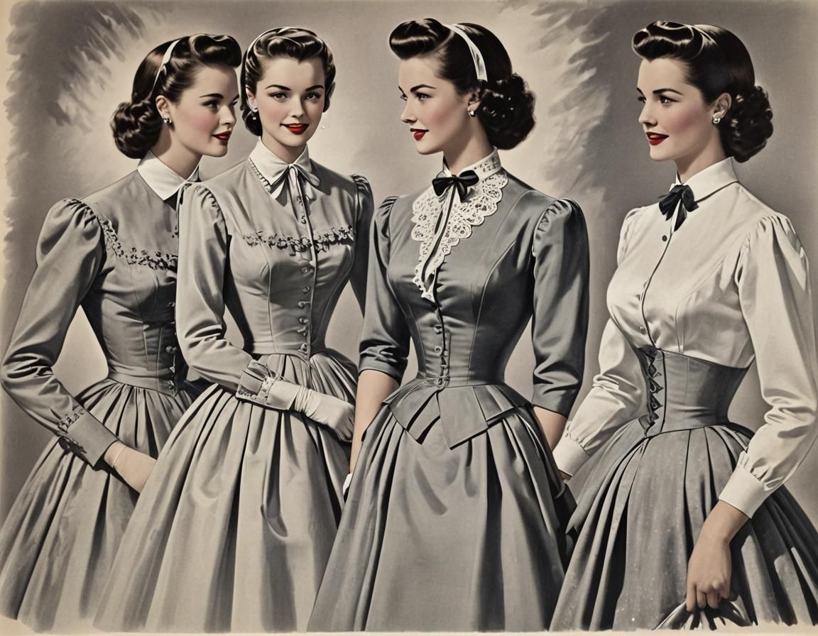 1950s Women Admiring Ball Gowns: Cinematic Film Still