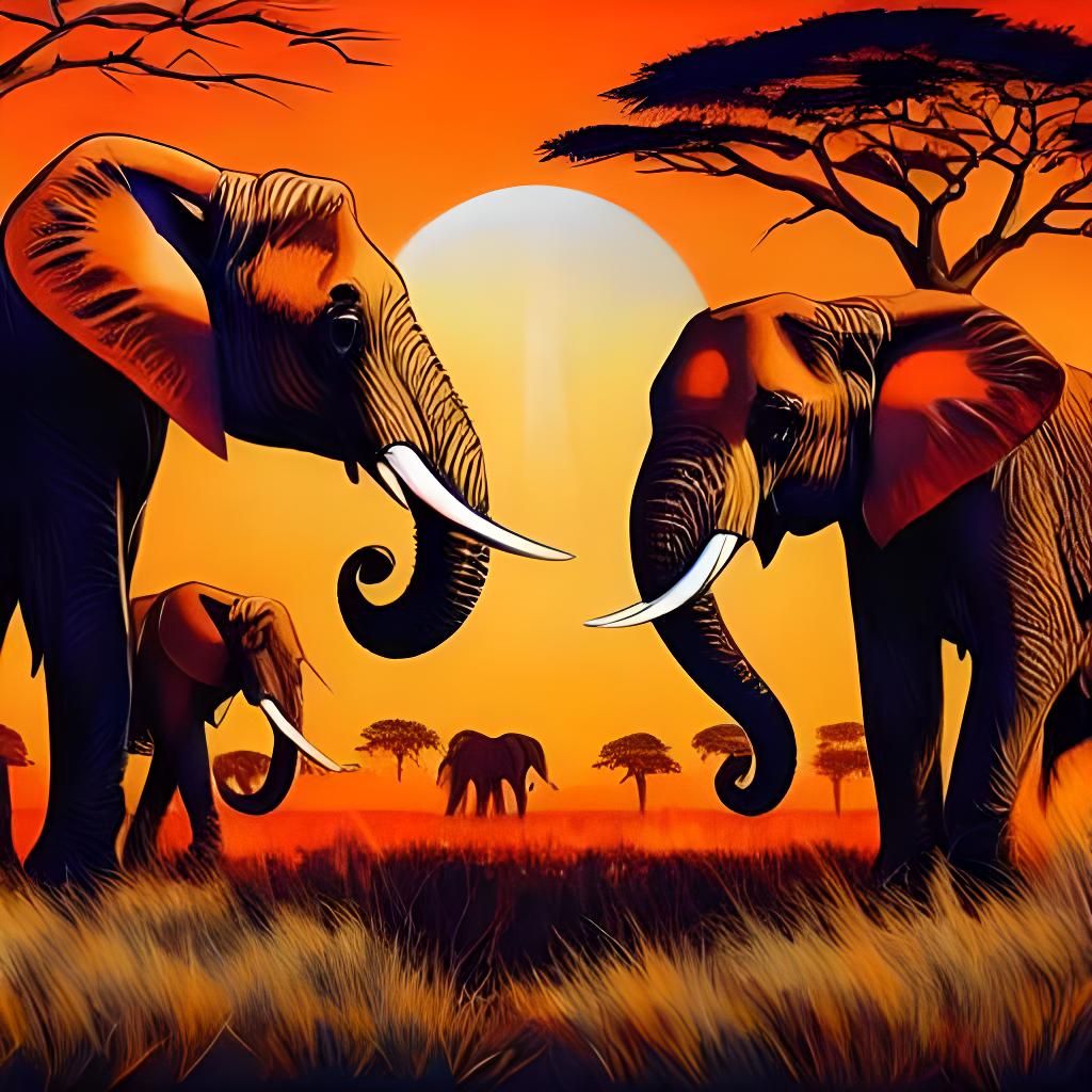 African Elephants Grazing at Sunset in Vibrant Shadow Art