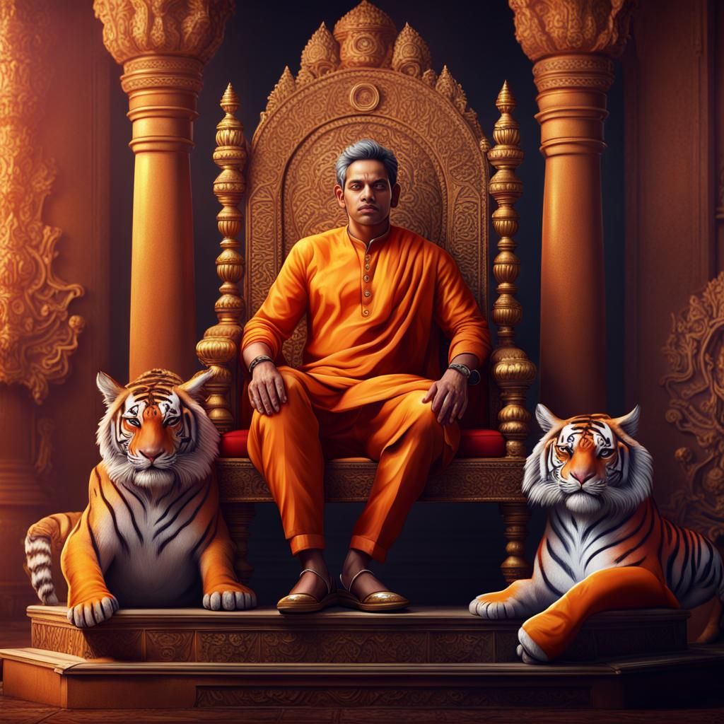 Indian style throne with Bengal tiger .